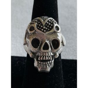 925 Sterling Silver Heavy detailed SKULL Biker ring size 7.5 Vintage